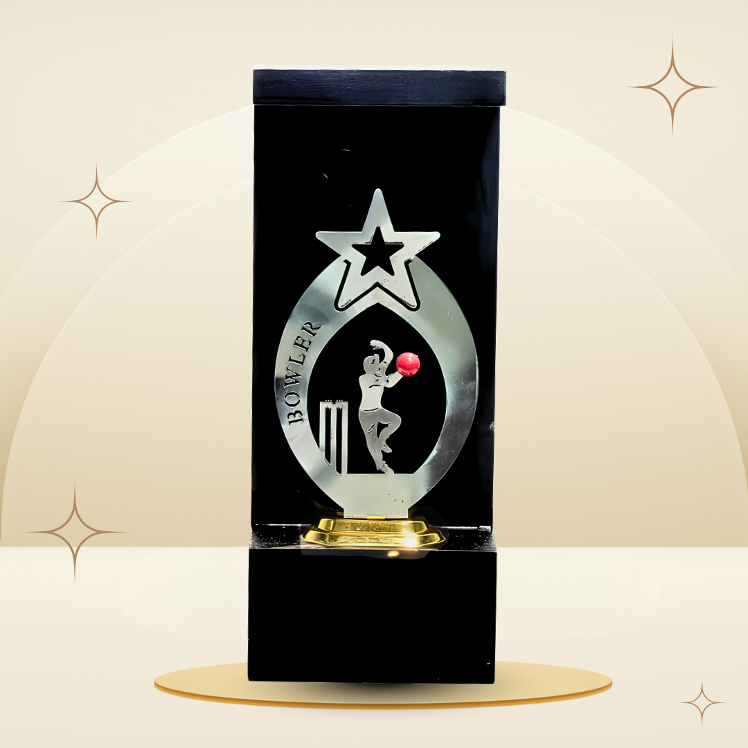 Red Ball Cricket Bowler Trophy featuring a silver-tone star, fielder design, red cricket ball, black frame-style body, and gold-tone base