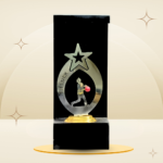 Red Ball Cricket Fielder Trophy featuring a silver-tone star, fielder design, red cricket ball, black frame-style body, and gold-tone base