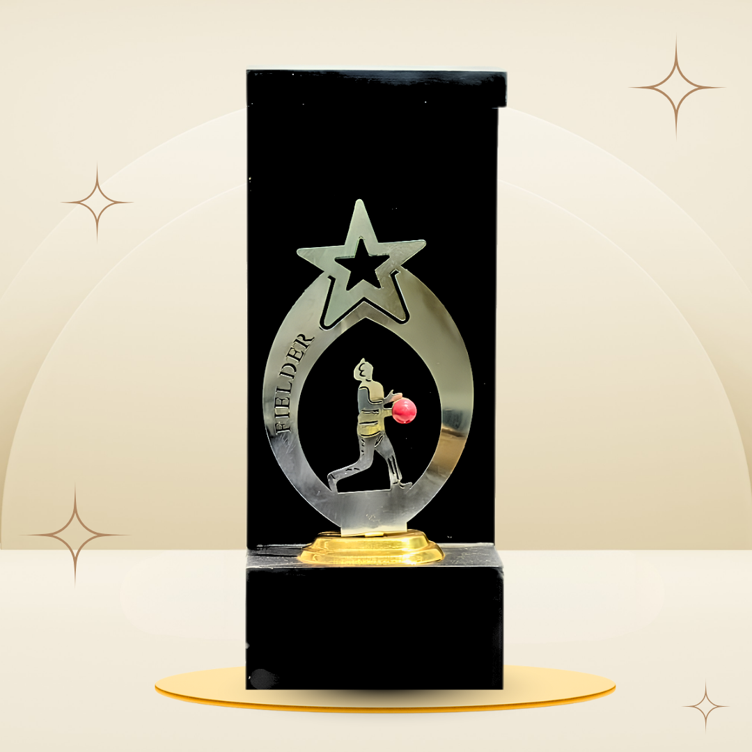 Red Ball Cricket Fielder Trophy featuring a silver-tone star, fielder design, red cricket ball, black frame-style body, and gold-tone base
