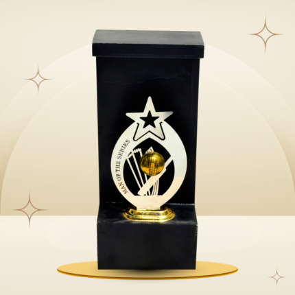Golden Ball Cricket Man of the Series Trophy featuring a silver-tone star, golden cricket ball, cricket player and stumps design, black frame-style body, and gold-tone base