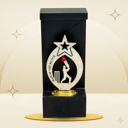 Red Ball Cricket Man of the Match Trophy featuring a silver-tone star, batsman silhouette, red cricket ball, black frame-style body, and gold-tone base