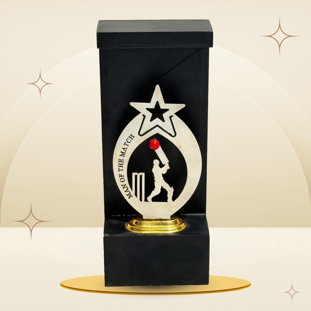 Red Ball Cricket Man of the Match Trophy featuring a silver-tone star, batsman silhouette, red cricket ball, black frame-style body, and gold-tone base