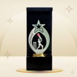Red Ball Cricket Batsman Trophy featuring a batsman silhouette, red cricket ball, star-themed silver-tone centerpiece, black frame-style design, and gold-tone base